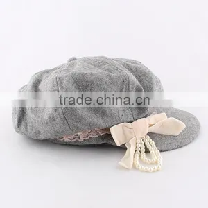 2015 New Style Original Baby Girls Peaked Baseball Beret Cap With Bownot and Pearls thumbnail-2