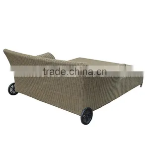 Outdoor Rattan Furniture Wicker Chaise Lounge Chair Pool Two Seat Sofa Lounge Chair Wheels thumbnail-3