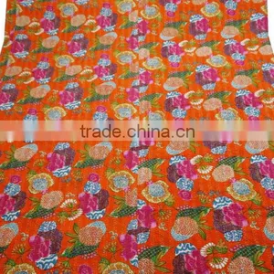 Floral Print Decorative Kantha Stitch Quilt Pure Cotton Reversible Bedspread Orange Gudri Queen Size Bedspread thumbnail-1