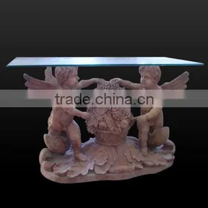 SKY-003 Glass Top Stone Base Carving Indoor Marble End Tables thumbnail-1