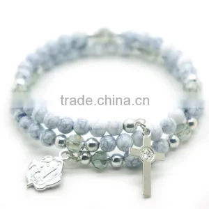 6mm Arcylic Beads Steel Wire Bracelet With Cross and Alloy Rose,5mm Silver Plastic Beads ,high Quality Catholic Bracelet thumbnail-1