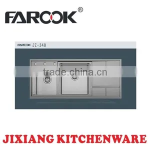 JZ-348 Extra Deep Morden Home Double Bowl Stainless Steel Kitchen Sink With Drainboard thumbnail-1