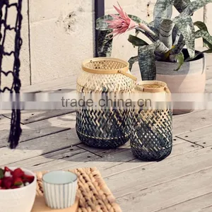 Natural & Grey Green Basket Weave Design, Set of Two 100% Bamboo Lamp Shades Lighting thumbnail-2