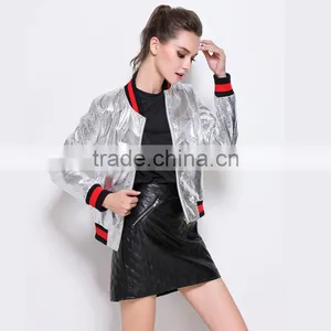 Outerwear Top Autumn High Quality Runway Coats Fashion Stand High Collar Baseball Uniform Silver PU Bomber Jacket Coat thumbnail-3