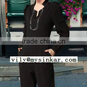 Woven Beaded Long Sleeve One Button Pleated Good Quality Women Jumpsuit thumbnail-3
