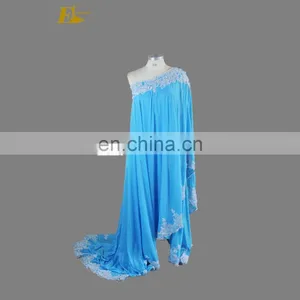 Fashion Blue One Shoulder Lace Hem Pearl Beads 2017 Plus Size Muslim Evening Dress thumbnail-1