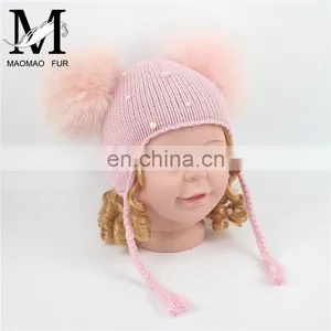 Wholesale Double Raccoon Fur Poms Cap Kids Hat With Fur Pom Pom thumbnail-3