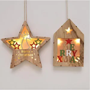 Hanging Wooden Crafts With Led Light Pendant Star House Wall Decor for Christmas Home Decoration thumbnail-1
