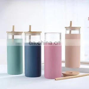 Unbreakable Custom Made Logo Borosilicate Glass Water Bottle Eco Friendly Straight Tumblers Cup Mug With Silicone Sleeve thumbnail-1