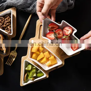 2022 Christmas Tree Decorative Dry Fruit Snack Tray Restaurant Dessert Bamboo Tray Wooden Serving Ceramic Plate thumbnail-2