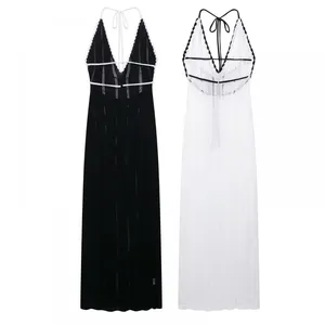 Ins European and American V-neck Hanging Neck Backless Knitted Beach Dress With Hollow Out Sexy Slim Fit Strap Beach Dress, Long Skirt for Women thumbnail-1