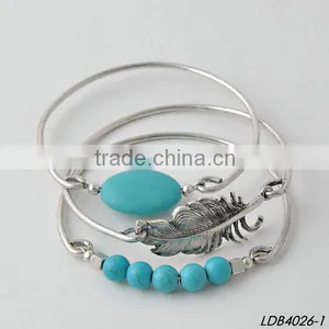 White Turquoise Bead Bangle Set Silver Leaf Turquoise Stone Bangle thumbnail-1