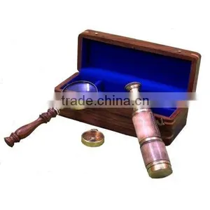 Nautical Magnifying Glass.compass and Telescope in Wooden Box thumbnail-1