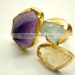 Amethyst, Aquamarine & Citrine Raw Natural Gemstones Ring, Matt Finish Adjustable Rings, 925 Solid Sterling Silver Vermeil Rings thumbnail-1