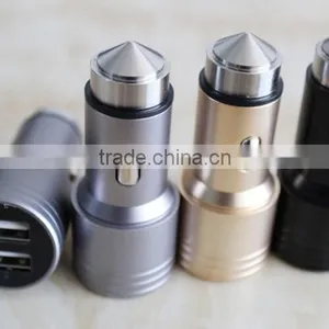 Aluminum Mini Micro Dual USB Car Charger Escape Equipment Metal Safety Hammer Shape Nipple Car Charger For Mobile Devices thumbnail-1