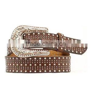 Western Silver-tone Studs & Rhinestones Accent Belt Studded Leather Belt thumbnail-1