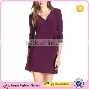 Three-Quarter Sleeves Tie Waist A Line Women's Faux-Wrap Dress thumbnail-1
