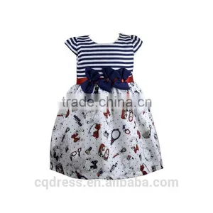 Bow Belt Cartoon Stripe Dopt Bubble Kids Dress thumbnail-1