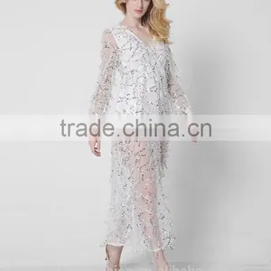 New Long Sleeves Deep V Sexy Dress Net Yarn Tassel Sequins Pictures of Long Skirts Ladies Formal Skirt and Blouse thumbnail-5