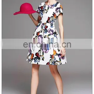 Ladies High Quality Short Sleeve Trendy Dress With Gathtering Waist Pretty Print Dress Fashion thumbnail-4