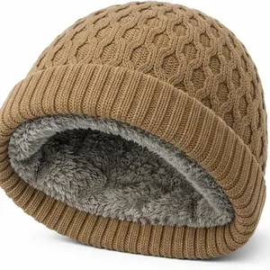 Fleece Lined Cable Knit Cuffed Beanie Warm Winter Thermal Skull Cap Soft Thick Windproof Outdoor Hat Custom Logo Wholesale thumbnail-5