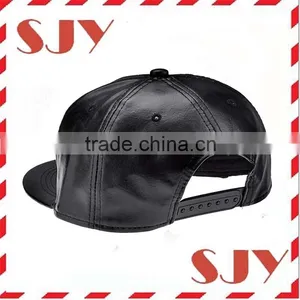 Blank Wholesale Flat Brim 6 Panel PU Leather Snapback Baseball Hat thumbnail-2