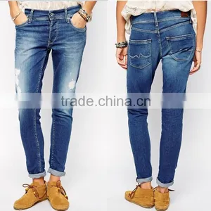 2015 China Supplier Wholesale Cheap Woman Girls High Quality Distressed Broken Holes Straight Rolled Skinny Denim Jeans thumbnail-1