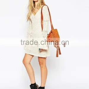 Crochet Sweater Dress Pattern Women Bell Sleeve Sexy Crochet Swing Dress thumbnail-2