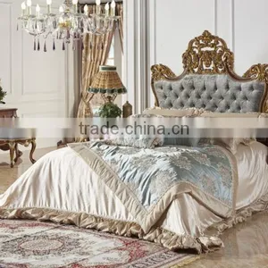 Antique Classic Upholstery Bed Set, Luxury Button Tufted Queen Bed With Gold Painting, Wood Carving Bedroom Furniture Set thumbnail-4