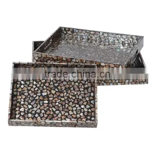 High Quality Best Selling Mother of Pearl Broken Pattern Rectangle Grey Lacquer Tray From Vietnam thumbnail-1