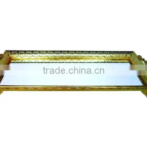 Gold & Silver Plated Metal Footed Serving Tray With Handles thumbnail-1
