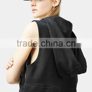 Cropped Top Hoodie Women Sleeveless Plain Dyed Black Cropped Hoodies Wholesale Custom Made thumbnail-3