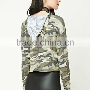 Pullover Hoodie Manufacturers, 95% Rayon 5% Spandex Long Dolman Sleeves Camo Print Cropped Hoodie Ladies thumbnail-4