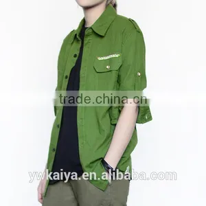 2014 Hot Sale Fashion Leisure Green 100% Cotton Fancy 7-sleeve Blouse for Women thumbnail-1