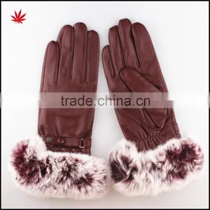 Rabbit Fur Trim Leather Gloves for Women Genuine Fur thumbnail-1