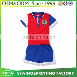 Good Quality Kindergarten Uniform Fashion Primary School Uniform Red Polo Shirt and Bule Shorts or Skirt thumbnail-4
