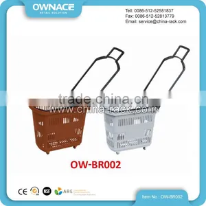 Popular Welcomed Long Handle Plastic Four Wheels Rolling Supermarket Shopping Basket thumbnail-1