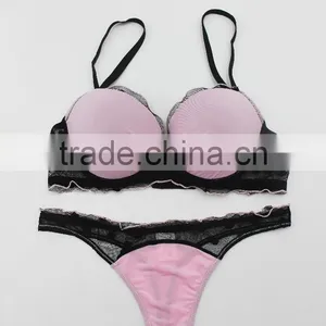 Sexy Women Bikini Set With Black Lace Pink Ladies Bra Set Underwear thumbnail-2
