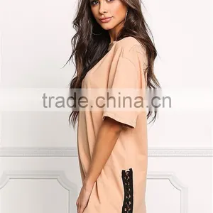 MGOO Fashion Custom Made 95% Cotton 5% Spandex 220g Nude V Cut Out Side Lace Up Shirts Tunic Tops thumbnail-5