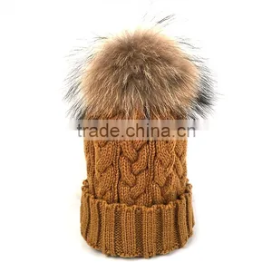 Myfur Caramel Wool Winter Knit Hat With Raccoon Fur Pom Poms thumbnail-1