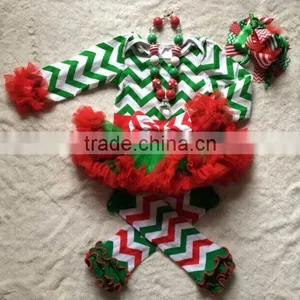 Girls Christmas Green Chevron Tree Baby Romper With Matching Necklace,leg Warmer and Hair Bow Set thumbnail-1