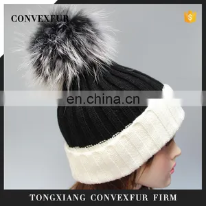 Women Raccoon Fur Poms Hat With Large Poms Wholesale China Knitting Fur Poms Hat thumbnail-1