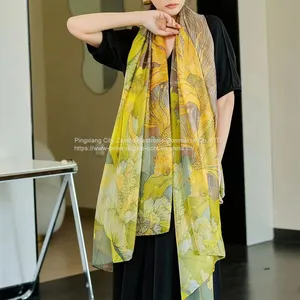 Moire Sunscreen Silk Scarf Beach Scaves Square Scarf Flowers Paintings High Quality thumbnail-3