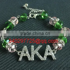 Sorority AKA Charm Bracelet Made of Pink Green Glass Bead and Rhinestone AKA Charm AKA-SL004 thumbnail-1