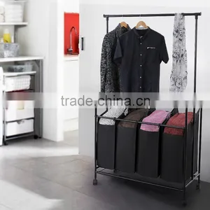 Black Heavy Duty 4-bag Rolling Laundry Sorter/Cart/Rack Hamper With Hanging Bar thumbnail-3