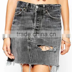 Ripped Denim Short Skirt Front Distressing Denim Skirt thumbnail-1