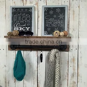 Industrial Water Pipe Wood Bathroom Wall Shelf With Hooks thumbnail-2
