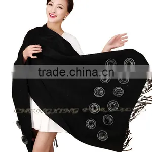 CX-B-P-36E Ladies Fashion Cashmere Shawl With Fur thumbnail-2