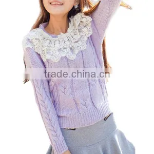 Lovely Cute Korean Style Lace Collar With Pearls,full Cable Knit Sweater for Women or Ladies thumbnail-1