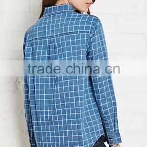 2015 Custom Women's Blue Plaid Long Sleeve 100% Cotton Flannel Shirt thumbnail-4
